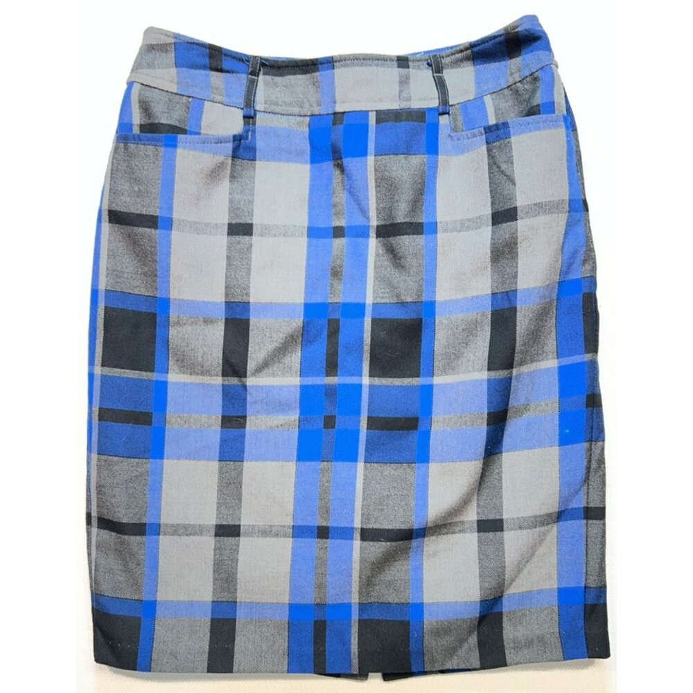 Dressbarn Women's Career Pencil Skirt Back Slit Size 6 Blue Gray Buffalo Plaid